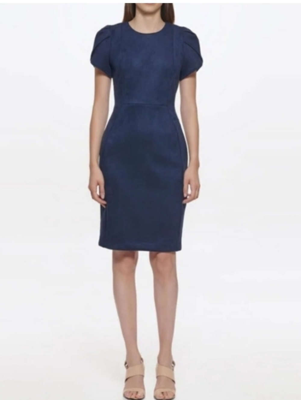 Calvin Klein Dark Navy Short-Sleeve fauz suede Dress. Size 8